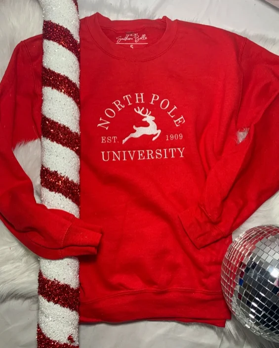 North Pole Embroidered Graphic Sweatshirt Hoodie with Hem Drawcord Adjustable Customizable