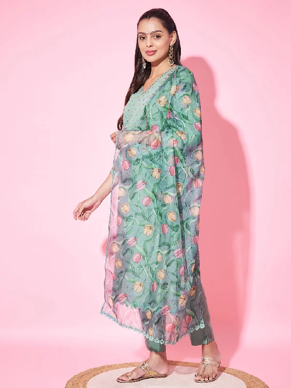 Green Designer Readymade Pant Suit With Printed Embroidery Work Cozy Jogger Leggings
