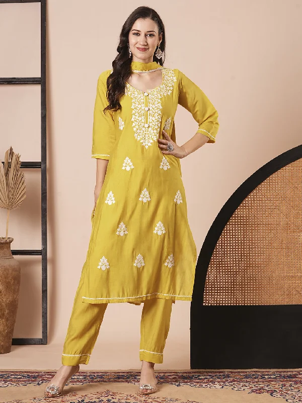 Yellow Designer Readymade Pant Suit With Embroidery Work Comfy Zip-Up Pants