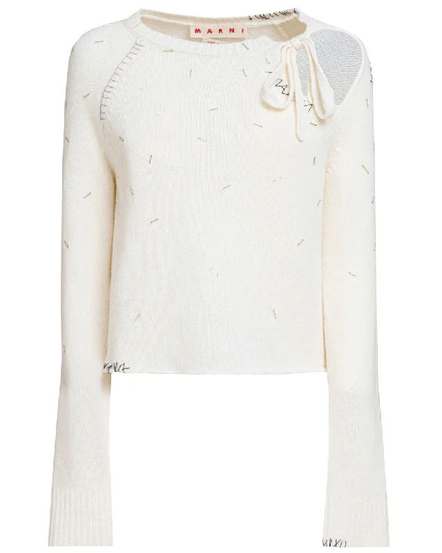 Ivory Embellished Tie Neck Sweater Mesh Blend Leather Blend Suede Blend