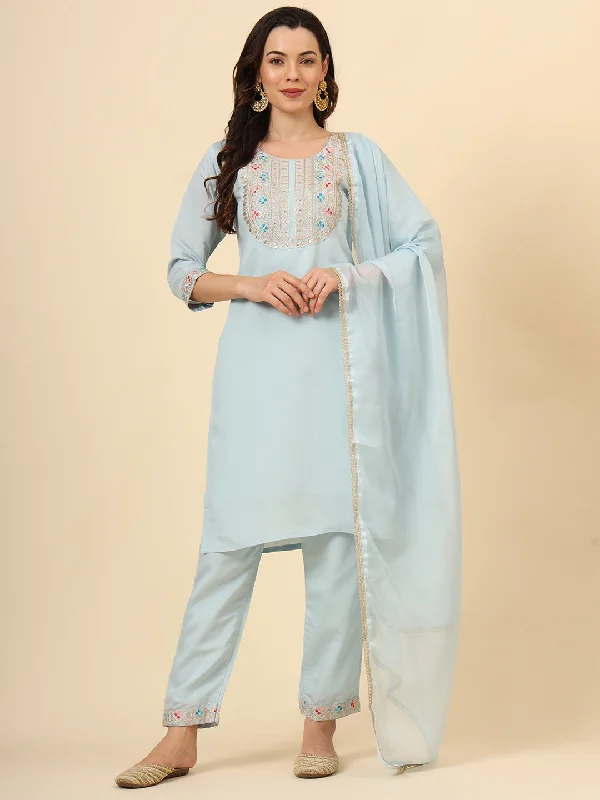 Sky Blue Designer Readymade Pant Suit With Designer Embroidery Work Cozy Lounge Pants
