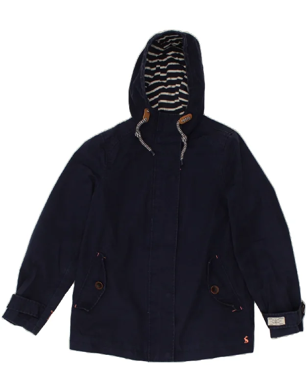 JOULES Womens Hooded Waterproof Jacket UK 10 Small Navy Blue Cotton Front Pockets Side Pockets Patch Pockets