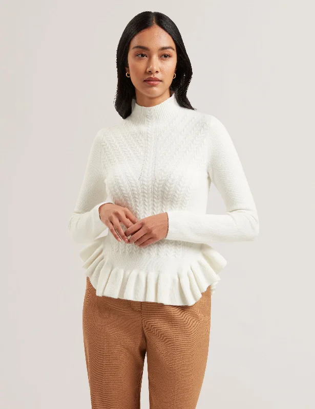 Violha Cropped Peplum Cable Knit Sweater Ivory Layered Multi-layer Single Layer