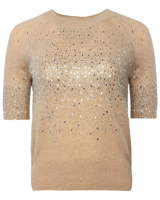 Novelle Crystal Embellished Short Sleeve Sweater Polka Dot Checkered Tartan