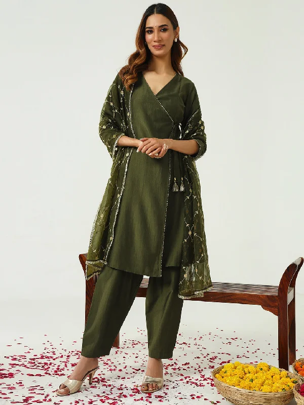 Green Designer Readymade Pant Suit Embroidery Work Casual Yoga Pants