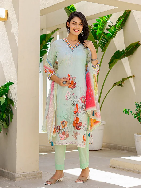 Green Designer Readymade Linen Pant Suit With Digital Printed Work Chic Checkered Pants