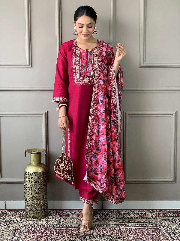 Red Attractive Looking Redaymade Pant Suit With Designer Embroidery Work Formal Stretch Pants