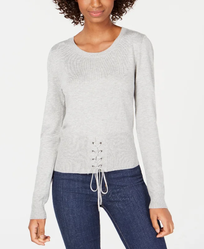 Hooked Up By Iot Juniors Crew Neck Lace Up Sweater Mesh Blend Leather Blend Suede Blend