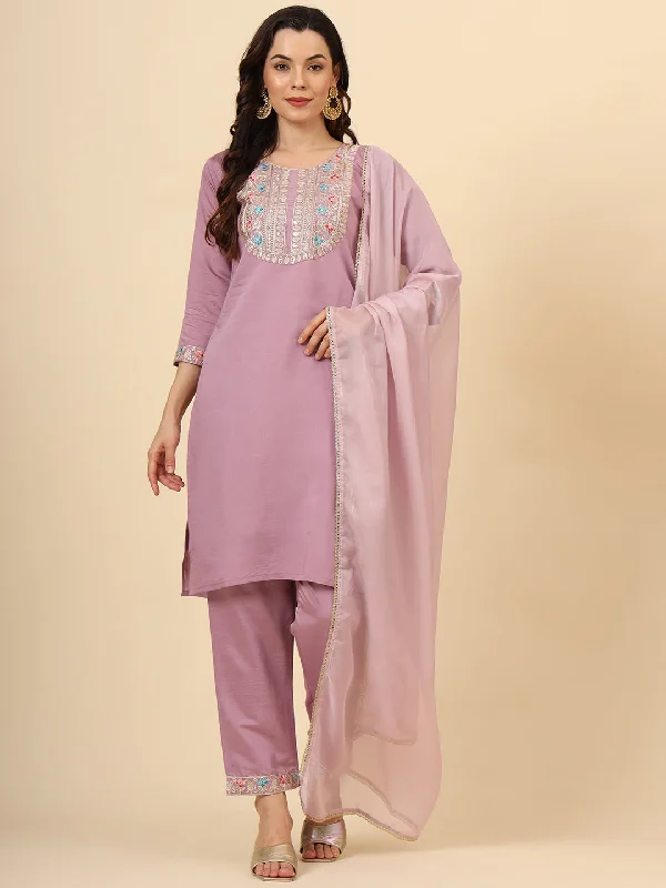 Purple Designer Readymade Pant Suit With Designer Embroidery Work Trendy Wide-Leg Pants