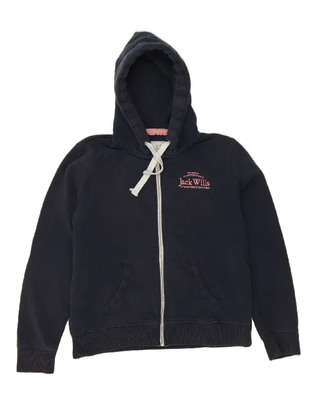 JACK WILLS Womens Zip Hoodie Sweater UK 16 Large Navy Blue Cotton Stylish Fashionable Trendy