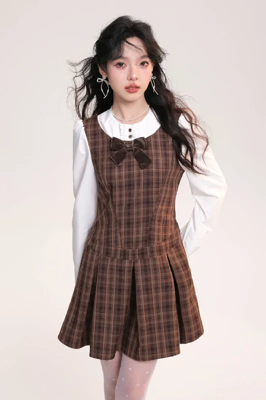 Bowknot Plaid Brown Dress AOO0029 Tunics New arrival