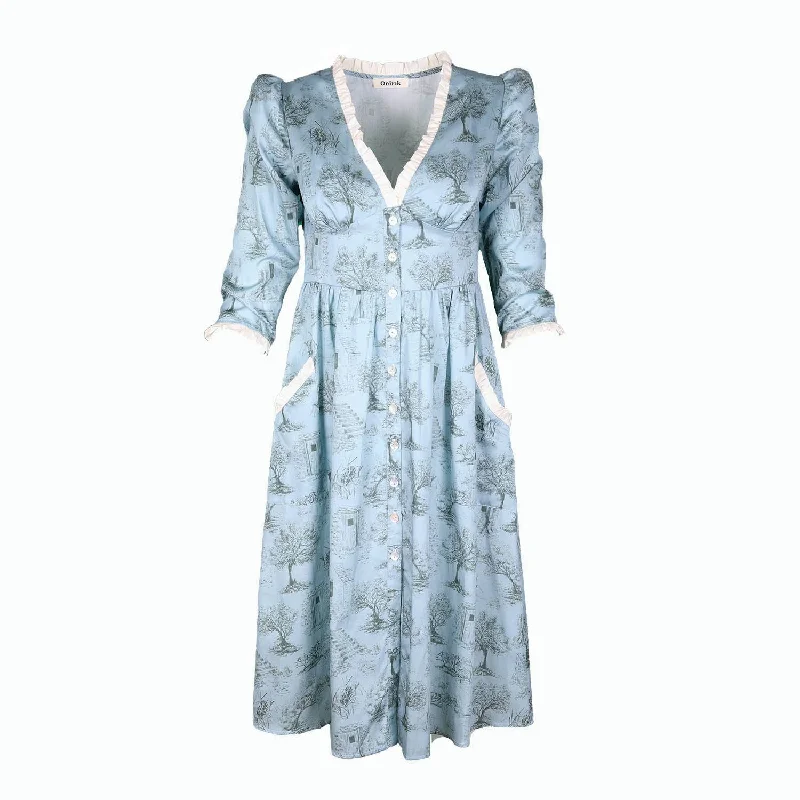 Antonia Dress / Cottage Blue + Pewter Green Cotton Toile Tunics Fall fleece