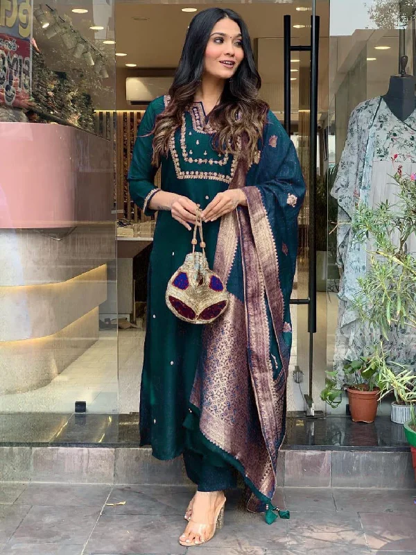 Teal Trendy Designer Readymade Pant Suit With Embroidery Work High-Waist Jogger Pants