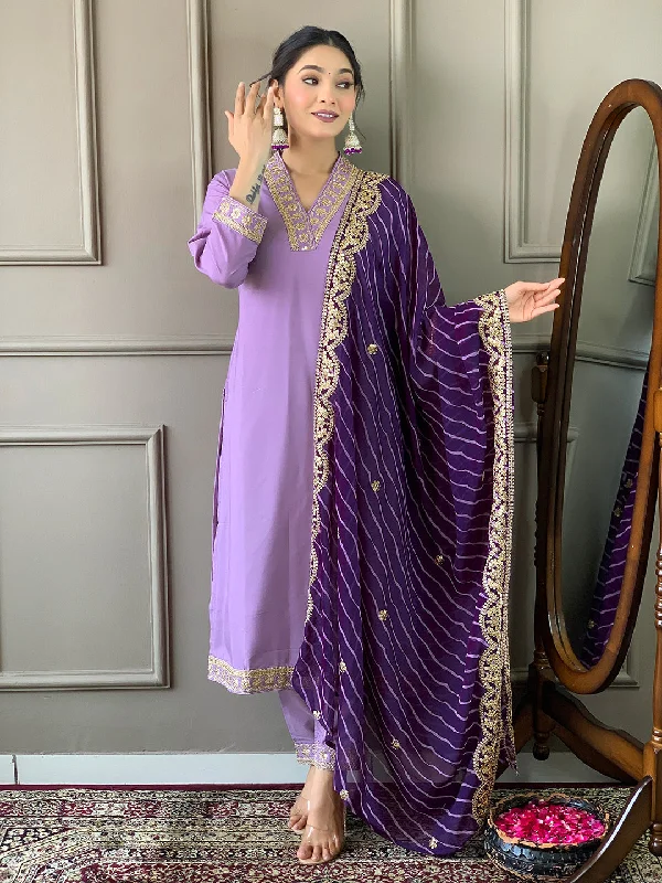 Purple Attractive Looking Pant Suit With Designer Embroidery Printed Work Comfortable Denim Pants