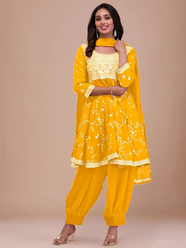 Yellow Traditional Readymade Pakistani Pant Suit With Sequence Embroidery Work Elegant Wool Trousers