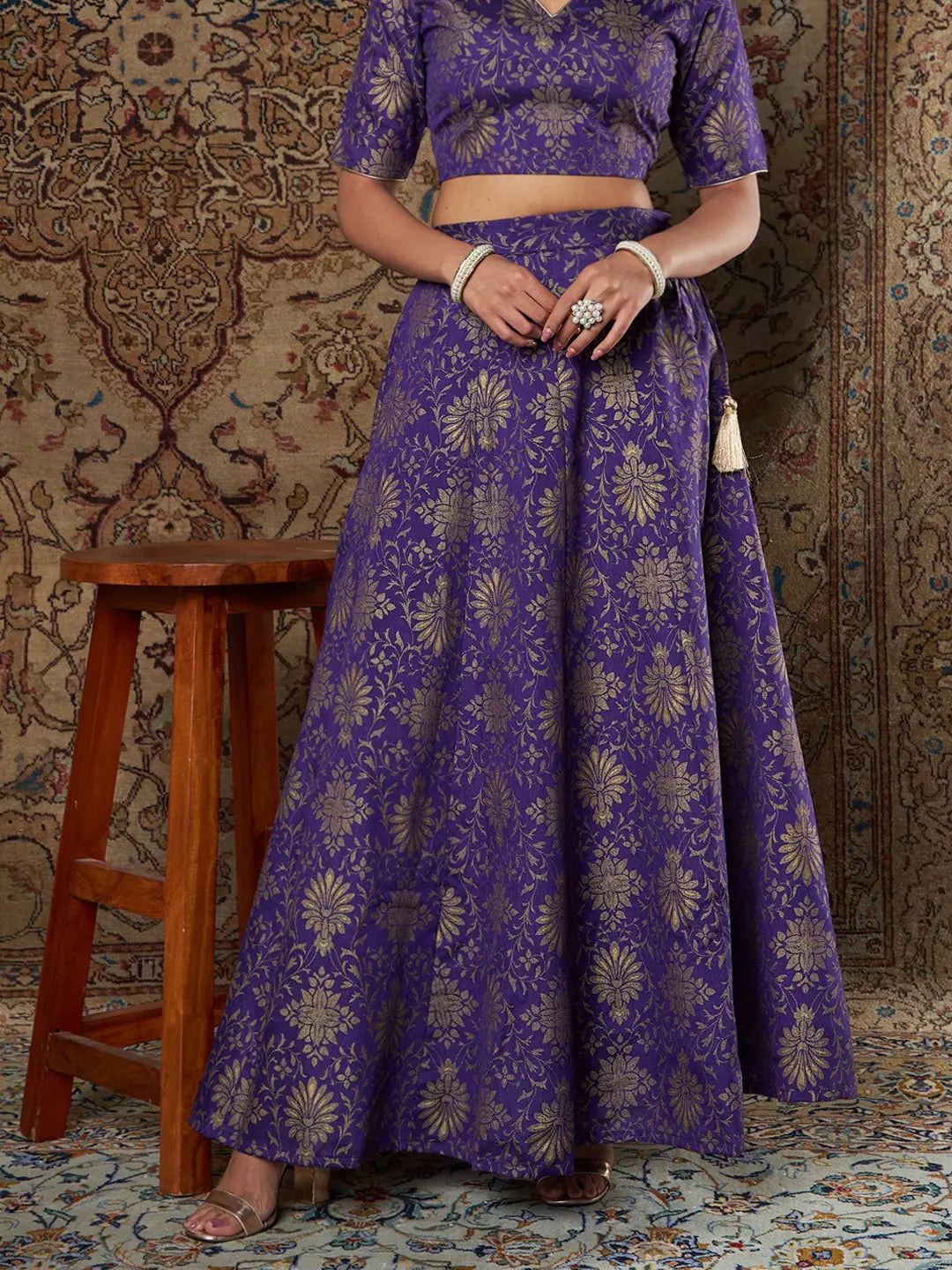 Women Purple Brocade Floral Anarkali Skirt spandex blend skirt