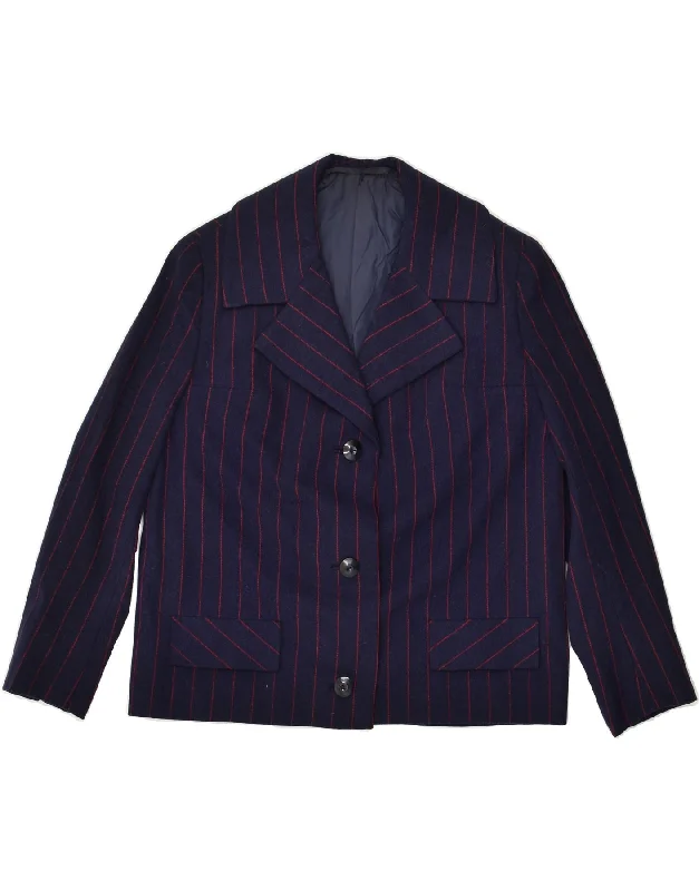 VINTAGE Womens 3 Button Blazer Jacket UK 14 Large Navy Blue Pinstripe Zippered Front Buttoned Front Snap Front