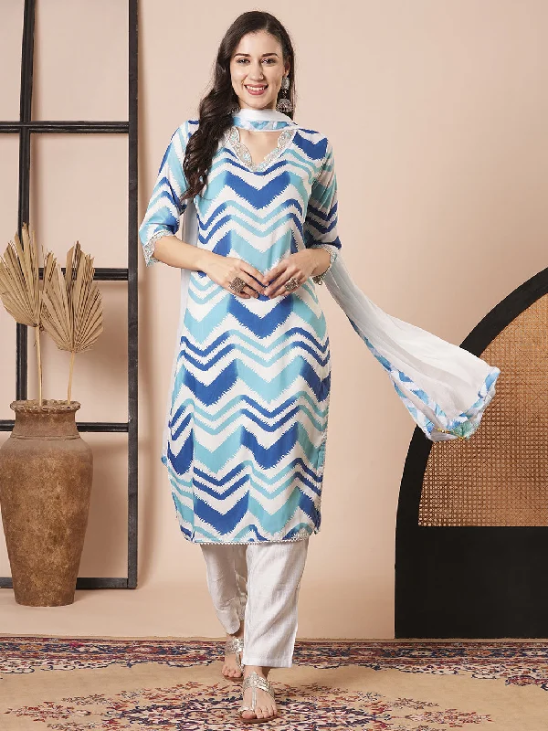 Blue Designer Readymade Pant Suit With Embroidery Printed Work Modern Stretch Trousers