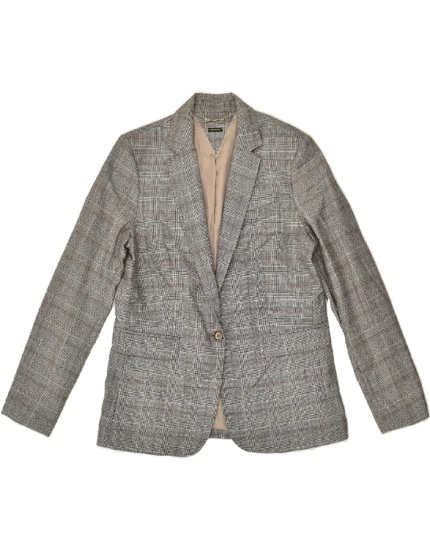 MASSIMO DUTTI Womens 1 Button Blazer Jacket EU 42 Large Grey Check Wool Knit Fabric Woven Fabric Fleece Fabric