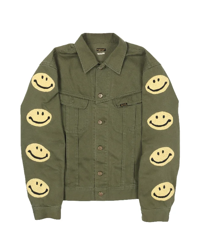 Kountry Embroidered Smiley Face Trucker Jacket Oversized Jacket Tailored Jacket Straight Jacket