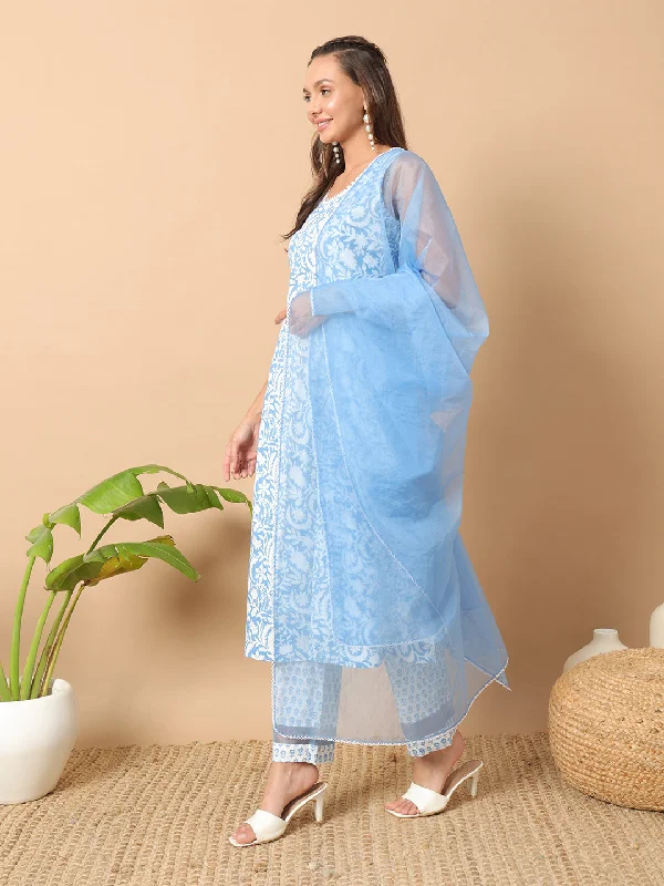 Blue Designer Readymade Cotton Pant Suit With Designer Printed Work Stylish Paperbag Waist Pants