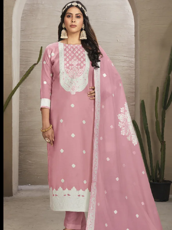 Pink Organza Pant Suit With Wevon Design Diamond Work Relaxed Lounge Trousers