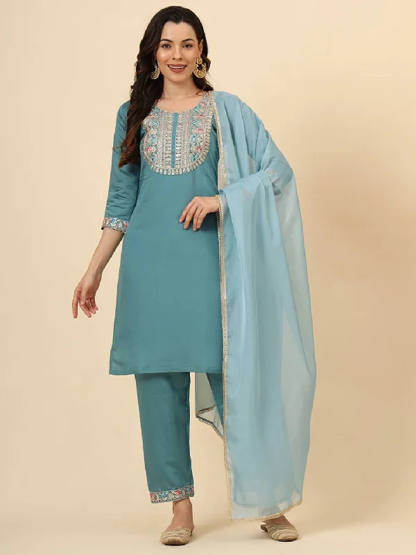 Aqua Blue Trendy Designer Readymade Pant Suit With Embroidery Work Casual Yoga Pants