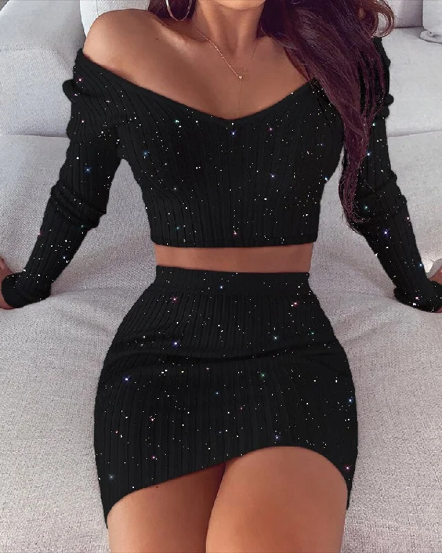 Glitter Two Piece Skirt Set | Two Piece Set Glitter Dress | Glitter Tunics Mesh breathable