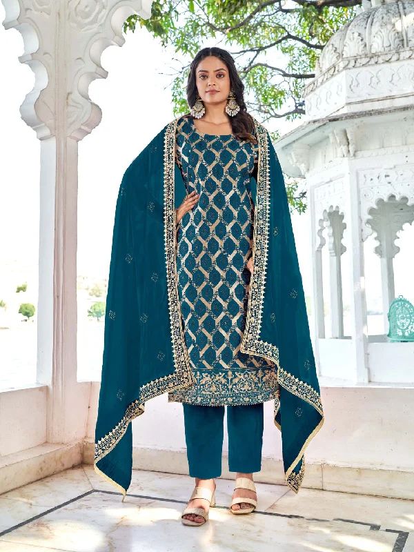 Teal Designer Readymade Blooming Vichitra Pant Suit With Embroidery & Diamond Work Classic Flared Pants
