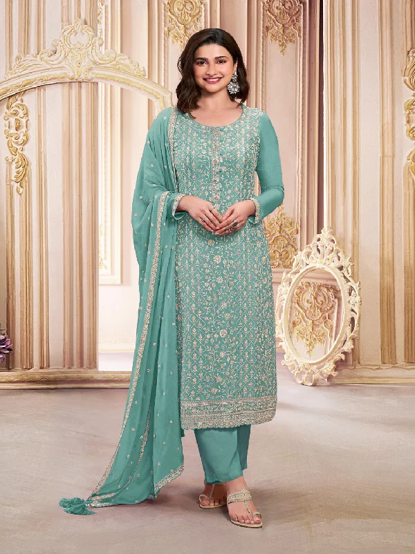 Mint Designer Heavy Semi-Stitched Pant Suit With Embroidery Sequence Work Comfortable Denim Trousers