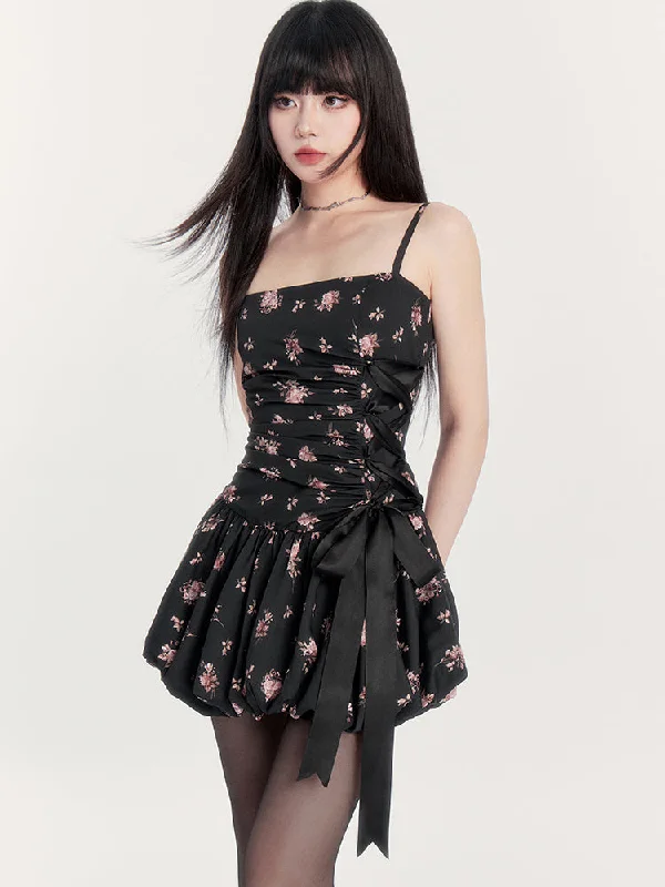 Floral Satin Side-tied Suspender Dress VOC0214 Square Neckline Feminine