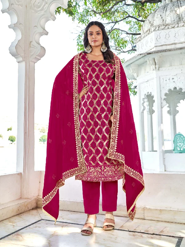 Rani Pink Designer Readymade Blooming Vichitra Pant Suit With Embroidery & Diamond Work Stylish Harem Pants