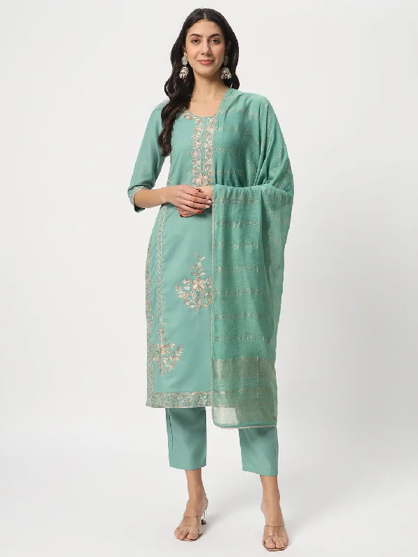 Sea Green Designer Readymade Pant Suit With Embroidery Work Chic Checkered Pants
