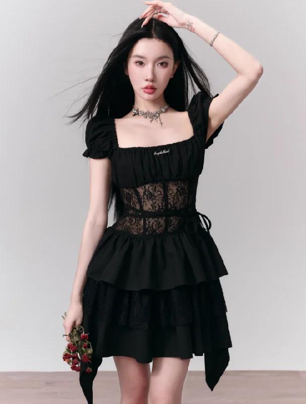 Black Romance Lace Hollow Puff Dress FRA0144 Tunics Bestseller popular