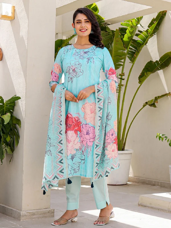 Blue Designer Readymade Linen Pant Suit With Digital Printed Work Trendy Tapered Pants