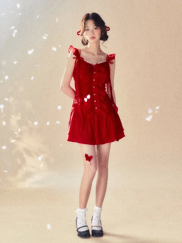 Frilled Shoulder Lace Red Girly Dress SUN0034 Pencil Office Professional