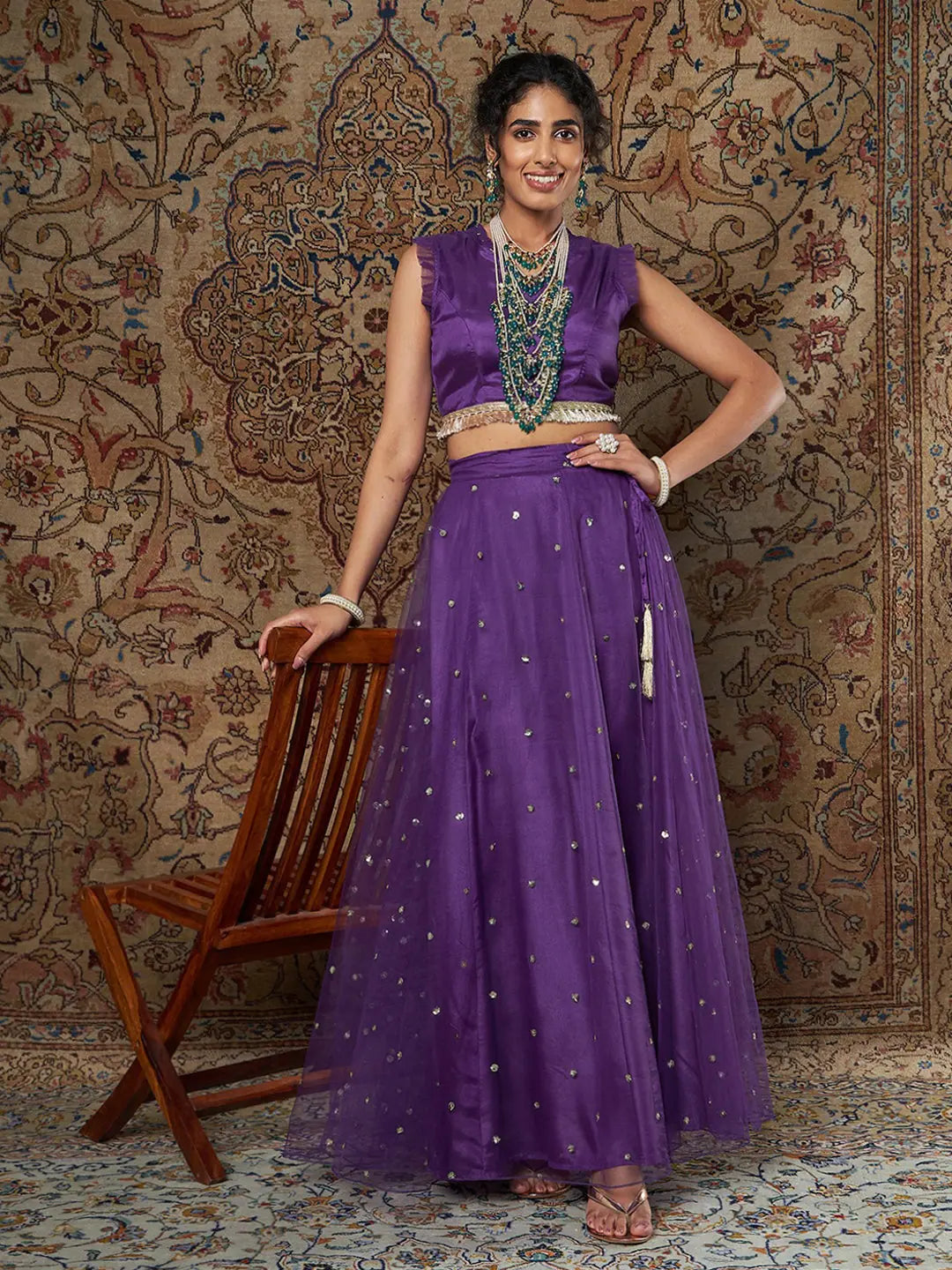 Women Purple Crepe Top With Tulle Aanrkali Skirt maxi skirt elegant