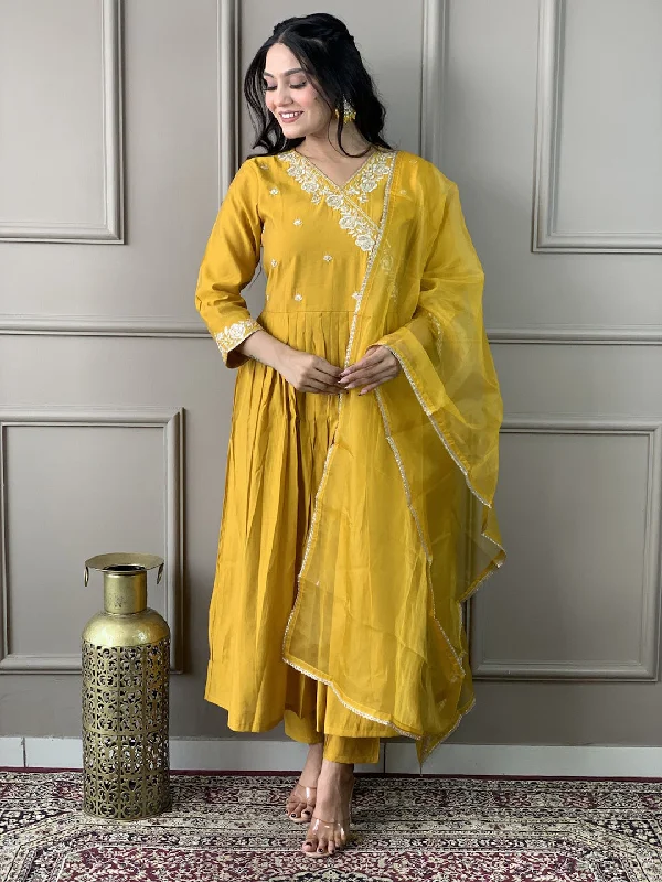Mustard Attractive Looking Readymade Pant Suit With Embroidery Printed Work Stylish Harem Pants