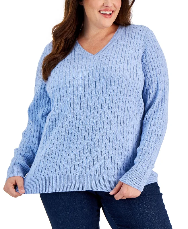 Karen Scott Plus Size Cable Knit V Neck Nep Sweater Embroidered Appliqued Beaded