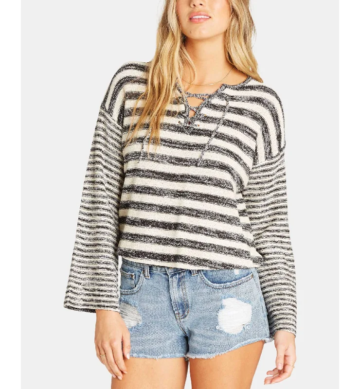 Billabong Juniors Striped Lace Up Sweater Turtle Neck Boat Neck Asymmetrical Neck