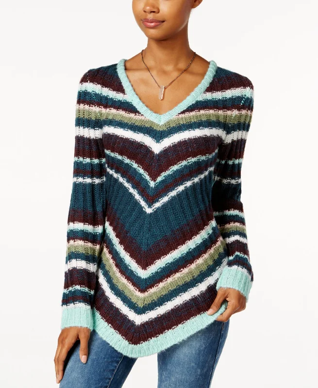 Ultra Flirt Juniors' Mitered Stripe Tunic Sweater Boat Neck Shawl Collar Notched Collar
