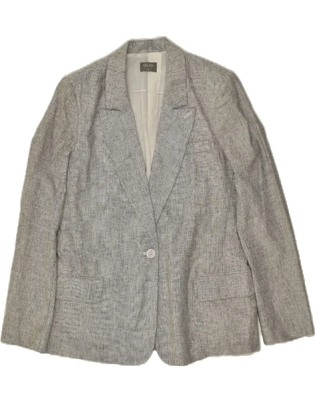 OASIS Womens 1 Button Blazer Jacket UK 14 Large Grey Linen Appliqued Jacket Beaded Jacket Sequined Jacket