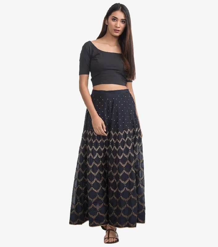Black Embroidered Silk Skirt satin skirt smooth