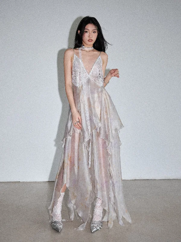 Jellyfish Gauze Printed Transparent Feather Irregular Suspender Dress JNY0156 Elegant Long Evening