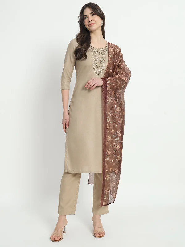 Beige Designer Readymade Pant Suit With Embroidery Work Relaxed High-Waist Trousers