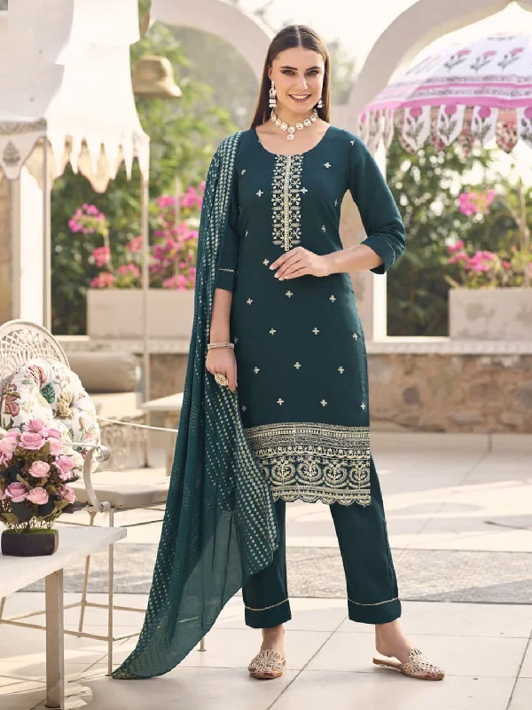 Teal Trendy Designer Readymade Pant Suit With Embroidery Work Formal Linen Trousers
