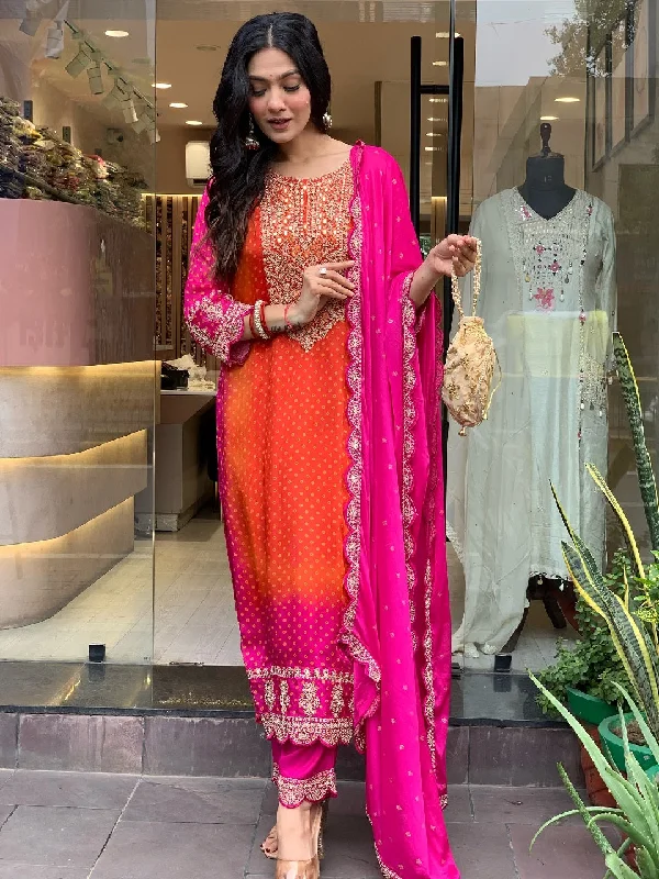 Pink Designer Readymade Pant Suit With Printed Embroidery Work Classic Straight Pants
