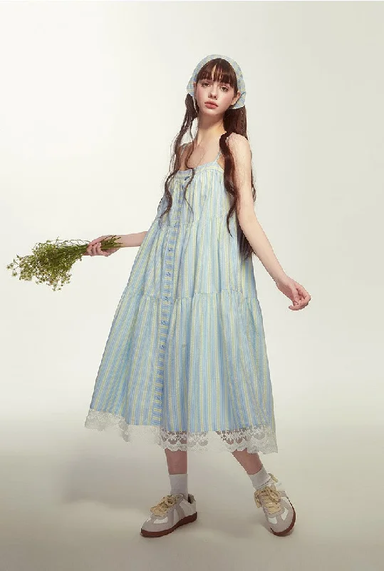 French Retro Vacation Beach A-line Suspender Long Dress TIP0021 Tunics Trendy modern