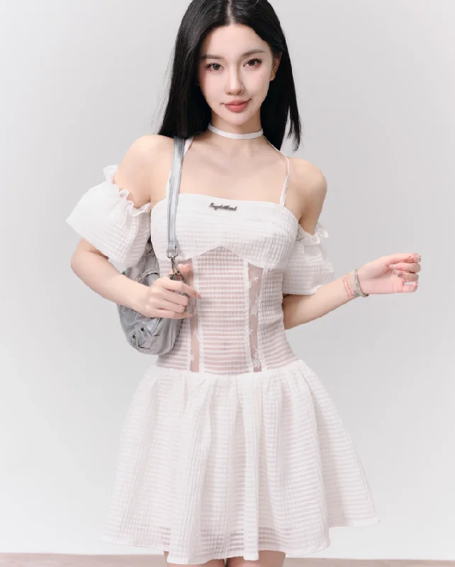 Hollow Splicing One Shoulder Puff Sleeve Dress FRA0153 Tunics Satin smooth