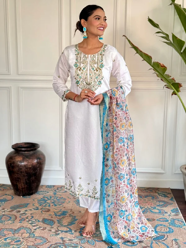 White Attractive Looking Readymade Pant Suit With Printed Embroidery Work Chic Faux Leather Pants